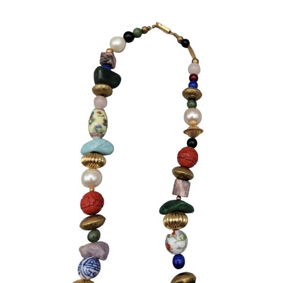 Art Statement Necklace Retro Beaded Multi Media Beads & Shaped Gemstone 25" - Picture 13 of 14